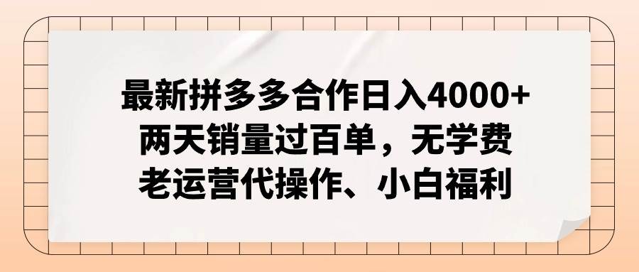 最新拼多多合作日入4000+两天销量过百单，无学费、老运营代操作、小白福利搞钱项目网-网创项目资源站-副业项目-创业项目-搞钱项目搞钱项目网