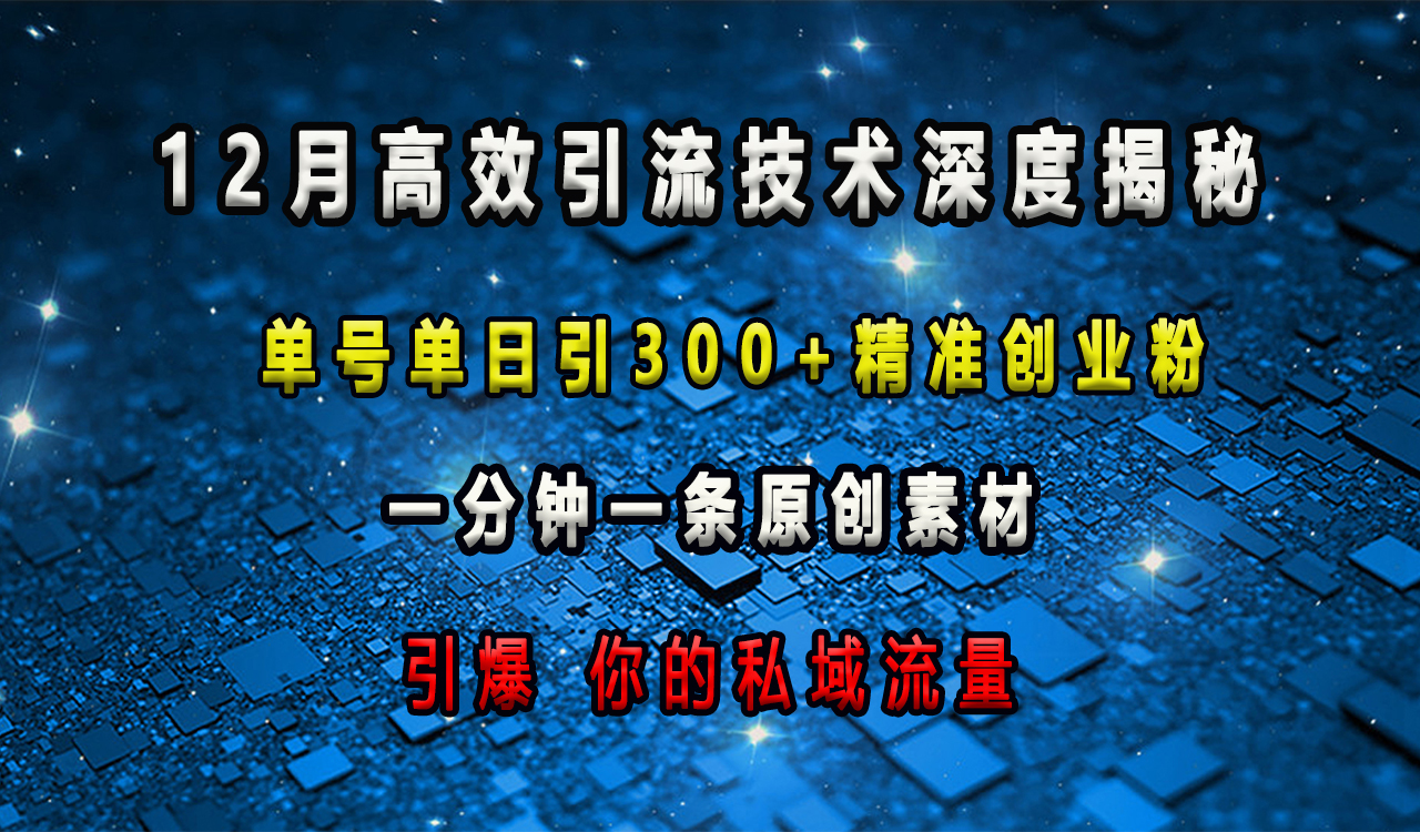 12月高效引流技术深度揭秘 ，单号单日引300+精准创业粉，一分钟一条原创素材，引爆你的私域流量搞钱项目网-网创项目资源站-副业项目-创业项目-搞钱项目搞钱项目网
