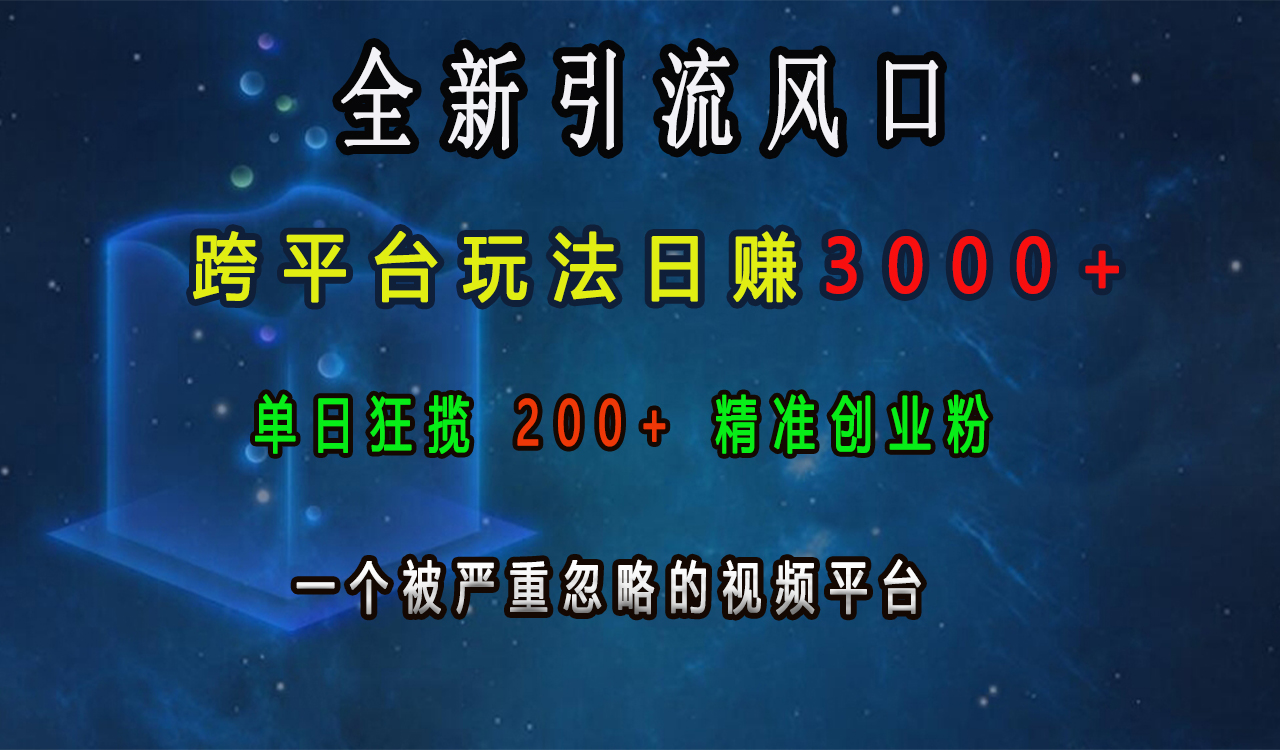 全新引流风口，跨平台玩法日赚3000+，单日狂揽200+精准创业粉，一个被严重忽略的视频平台搞钱项目网-网创项目资源站-副业项目-创业项目-搞钱项目搞钱项目网