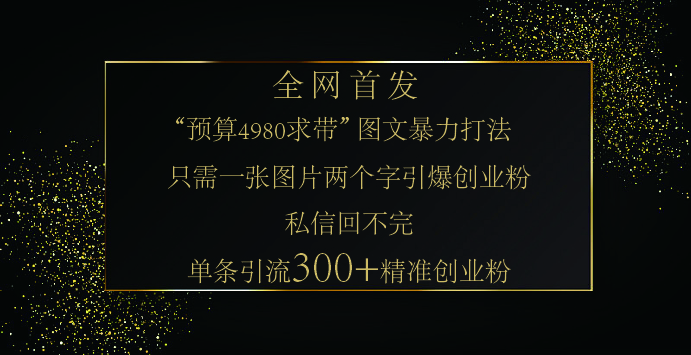 小红书，“预算 4980 带我飞” 的神奇图片引流法，堪称涨粉核武器！只需一张图，就能单条笔记凭借此方法，轻松引流 300 + 精准创业粉！搞钱项目网-网创项目资源站-副业项目-创业项目-搞钱项目搞钱项目网