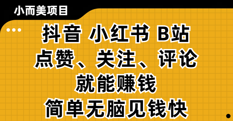 小而美的项目，抖音、小红书、B站视频点赞、关注、评论就能赚钱，简单无脑立见收益！妥妥的零撸项目搞钱项目网-网创项目资源站-副业项目-创业项目-搞钱项目搞钱项目网