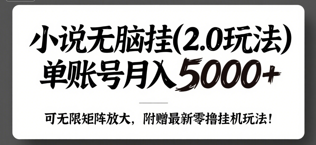 小说无脑挂(2.0玩法)单账号月入5000+,,可无限矩阵放大,附赠微信最新零撸挂机玩法!搞钱项目网-网创项目资源站-副业项目-创业项目-搞钱项目搞钱项目网