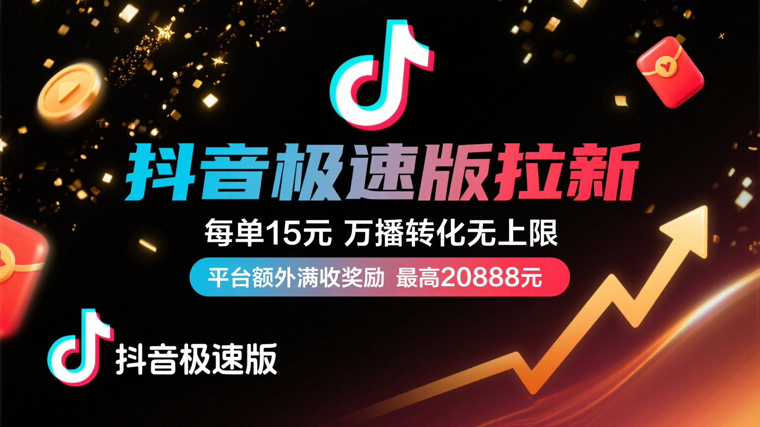 抖音极速版放福利，每单15元，万播转化无上限，平台额外满收奖励，最高可领20888元搞钱项目网-网创项目资源站-副业项目-创业项目-搞钱项目搞钱项目网